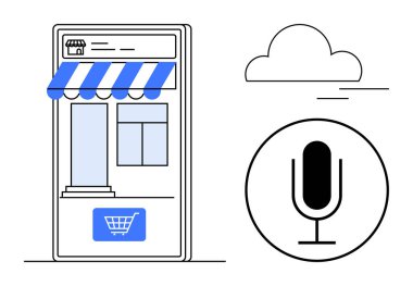 Ses araması ve bulut çizimi için mikrofonun yanında alışveriş arabası ikonu olan dijital mağaza önü. E-ticaret, ses teknolojisi, yenilik, bağlantı, perakende satış, uygulamalar, basit iniş için ideal