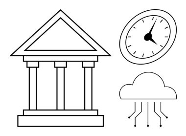 Sütunlu bina, analog saat ve devre çizgileri olan bulut. Yönetim, hukuk, zaman yönetimi, dijital dönüşüm, tarih finans ve yenilik için idealdir. Basit düz metafor