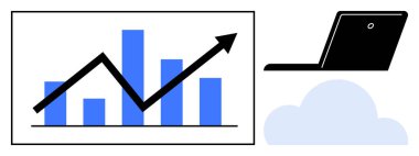 Dizüstü bilgisayarın yanında yukarı doğru ok eğilimli bar tablosu ve bulut veri büyümesini vurguluyor. İş, teknoloji, bulut hesaplama, analitik, strateji, uzaktan çalışma, finansal büyüme için idealdir. Temiz