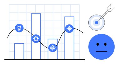 Veri eğilimlerini gösteren mevsimsel simgelerin yer aldığı bar tablosu, analiz etkisinin simgesi ve hedef belirleme hedefi. Veri analizi, iş büyümesi, strateji, performans takibi ve raporlama için ideal