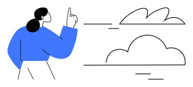 Kadın parmak kaldırıyor, hareket halindeki bulutları gözlemliyor. Yaratıcılık, ilham, keşif, hedefler, vizyon, öğrenme kararları için idealdir. Basit bir düz metafor.