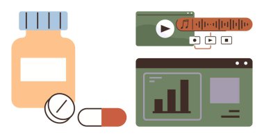 Haplar, grafik arayüzlü şişe ilaç kontrollerini, analitikleri, dijital sağlık takibini temsil eden medya ekranı. Sağlık, teknoloji, veri, sağlık tedavisi yeniliği için ideal