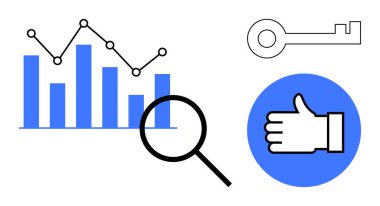Barın ve çizgi grafiğinin üzerinde büyüteç, erişimi sembolize eden anahtar, mavi çemberde onay işareti. Analiz, güvenlik, pazarlama, başarı, araştırma, strateji için ideal