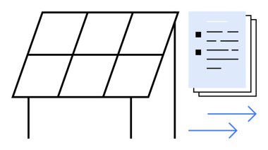 Hareket ya da ilerlemeyi gösteren oklarla istiflenmiş belgelerin yanındaki güneş paneli yapısı. Yenilenebilir enerji, sürdürülebilirlik, belgelendirme, ilerleme izleme, planlama, temiz teknoloji için ideal