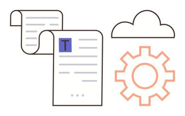Bulut ve çarka yakın metin kaydırmalı belgeler, dijital depolamayı, iş akışı optimizasyonunu sembolize ediyor. Teknoloji, otomasyon, bulut hesaplama, verimlilik, verimlilik, veri yönetimi için ideal