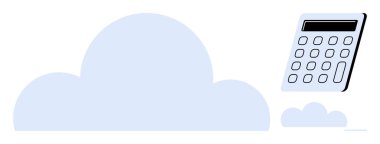 Daha küçük bulut şekilli dijital hesap makinesinin yanındaki büyük bulut veri depolama, hesaplama ve uzaktan erişimi sembolize ediyor. Teknoloji, finans, verimlilik, yenilik, bulut çözümleri için ideal