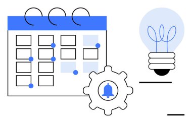 İşaretli tarihli takvim, bildirim simgesiyle donanım ve ampul tasarımı. Organizasyon, üretkenlik, yenilik, planlama, yaratıcılık ve strateji kavramları için ideal. Basit düz