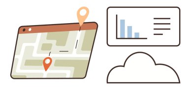 Yol işaretleyicili dijital harita, bulut simgesi ve bar çizelgesi paneli. Navigasyon, bulut hesaplama, veri yönetimi, analiz, uygulama arayüzü, basit düz metafor için ideal