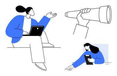 Dizüstü bilgisayarı olan kadın karakter kavramları gösteriyor, teleskopla el ele tutuşup geleceği araştırıyor ve eleştiri yapıyor. Beyin fırtınası, planlama, araştırma, vizyon, takım çalışması, strateji sade iniş için ideal