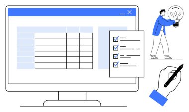 Bilgisayar ekranında kontrol listesi kaplamalı bir veri tablosu, elinde bir ampul tutan kişi, kalemle el yazısı. Üretkenlik, planlama, organizasyon, iş akışı, takım çalışması, yenilik için ideal
