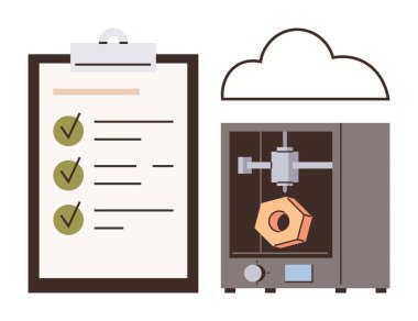 Kontrol işaretli ve bulut sembollü kontrol listesinin yanındaki 3D yazıcı nesnesi. Teknoloji, imalat, kalite kontrol, yenilik, üretkenlik, bulut entegrasyonu, verimlilik için ideal. Basit.