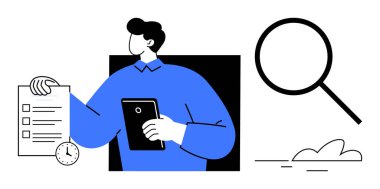 Elinde tablet ve kontrol listesi olan bir adam, saati vurgulayan bir saat, odak noktasını gösteren büyük bir büyüteç. Üretkenlik, organizasyon, zaman yönetimi, analiz, planlama, odaklanma öncelikleri için ideal