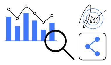 Çubuk çizelgesi ve çizgi çizelgesi vurgulama istatistikleri, büyüteç tasvirleri analiz, eğri desen yaratıcılığı yansıtıyor, paylaşım ikonu bağlantıyı vurguluyor. Veri bilimi ve pazarlama için ideal