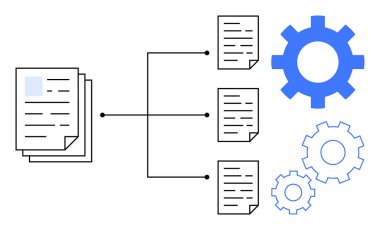 Mavi vitesli bir iş akış sistemi aracılığıyla daha küçük belgelere bağlanan belge yığını. Otomasyon, veri yönetimi, verimlilik optimizasyonu, teknoloji, organizasyon, üretkenlik için ideal