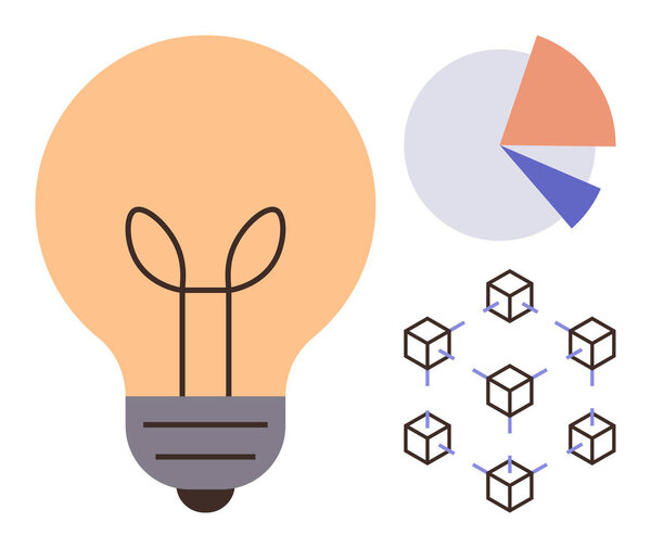 Лампочка, символизирующая идеи, круговая диаграмма для аналитики и взаимосвязанные кубы, представляющие технологию блокчейн. Идеально подходит для инноваций, данных, творчества, технологий, бизнеса, исследований