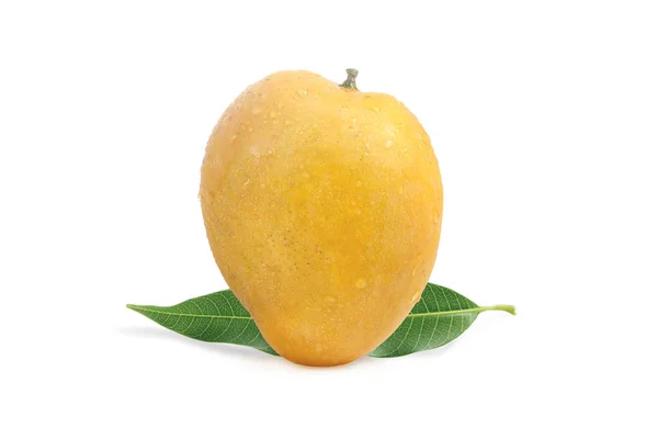 Beyaz zemin üzerine yeşil yaprak ile sarı mango