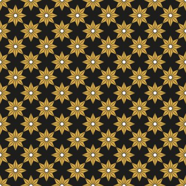 Sorunsuz vintage yıldız çiçek deseni. Altın rengi ve siyah arka plan geometrik soyut.