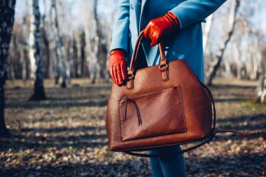 Güzellik ve moda. Kahverengi çanta çanta tutan parlak elbise giyen şık şık kadın