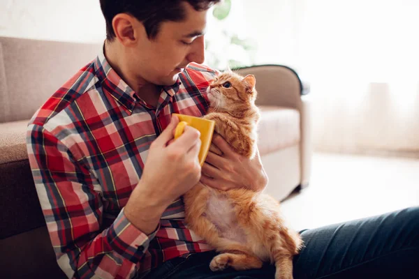 Genç adam bir kedi tutuyor ve evde çay içiyor.