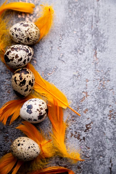 Пасхальные, натуральные перепелиные яйца в праздничной атмосфере . — стоковое фото