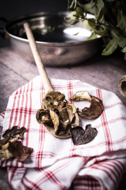 Kurutulmuş orman mantarı. Tat ve aroma. Doğal gıda