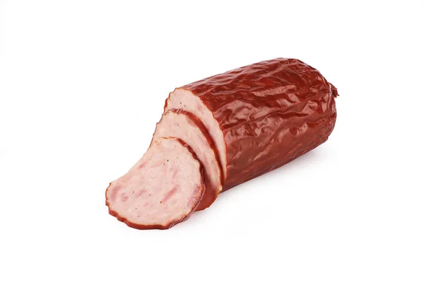 Salsicha de porco seca em um fundo branco. Produto alimentar . — Fotografia de Stock