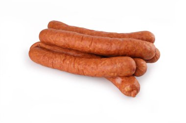  Beyaz arka planda ince sosis. Gıda ürünü.
