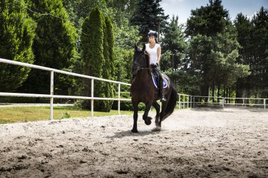 Binicilik. Kadın binici ata biner..