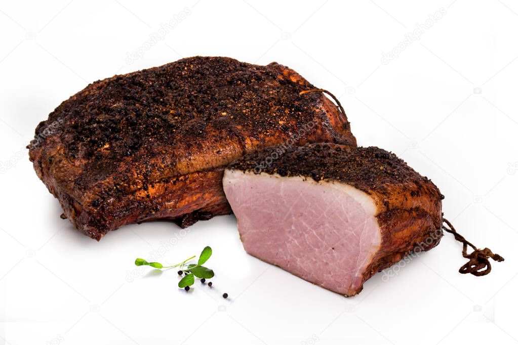Traditional ham. Smoked, boneless pork ham with herbs and spices, wrapped in string. White background,