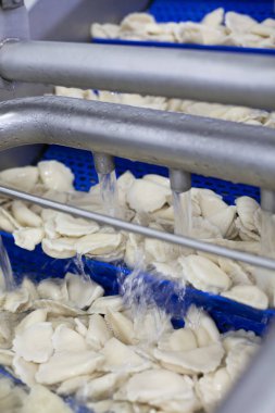 Hamur köftesi fabrikası. Doldurulmuş jambonlu börek kaseti.