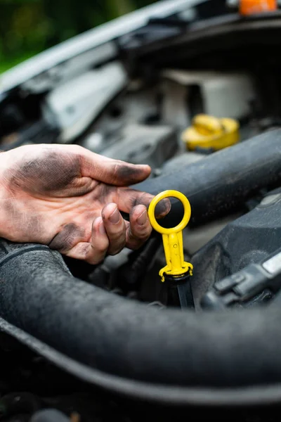 Vehicle check-up. Mechanic checking car engine oil level with a dipstick, under the hood of a car.