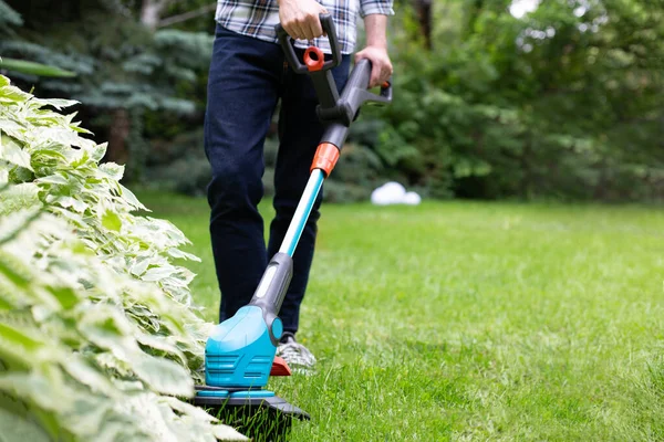 Garden work. Cutting the lawn with cordless grass trimmer, edger, close-up. Mowing grass in hard-to-reach places. Gardening, green works in a garden on a sunny day.