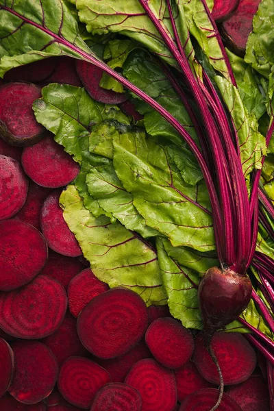 Top View Beet Slices Beet Leaves One Beet Beetroot Food — Stock Photo, Image