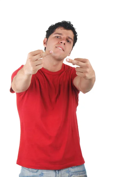 Joven con actitud mostrando los dedos medios. Está aislado sobre fondo blanco. —  Fotos de Stock