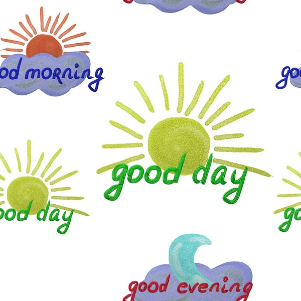 Seamless pattern cloud sun moon and text good morning day and evening