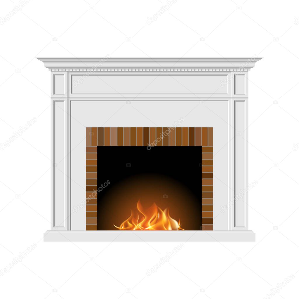 Fireplace with natural fire and bricks in a classic style. Element of the interior of the living room. Vector illustration EPS10