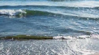 Akdeniz sahilinde dalgalar sahilde eavning zamanda, güneş ışığı su yüzeyine yansıtır. Fuengirola, İspanya.