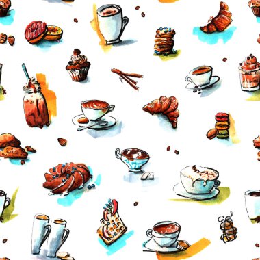 El Çizilmiş Marker Coffe ve Tatlı Dikişsiz Desen