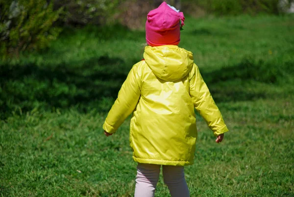 Sarı yağmurluklu bir kız ormanda yürüyor.. — Stok fotoğraf