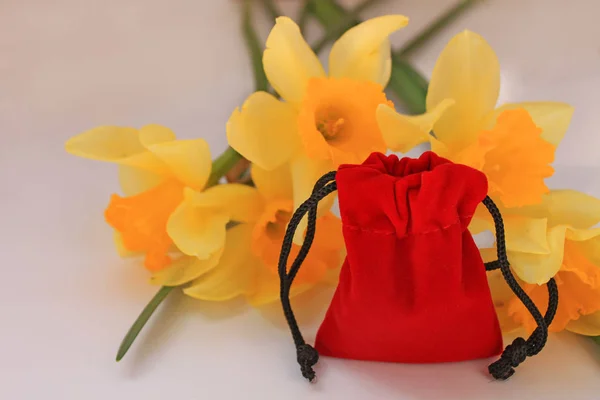 Bolsa de terciopelo rojo con flores amarillas sobre un fondo blanco aislado —  Fotos de Stock