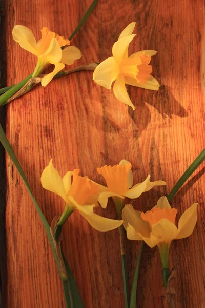 Tło kwiatów z żonkile bukiet na drewnianym stole — Zdjęcie stockowe