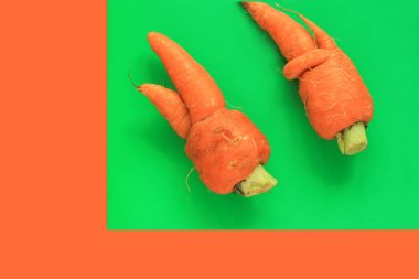 Çirkin yemekler. Yeşil ve turuncu duoton pastel arka plan üzerinde deforme organik havuç.