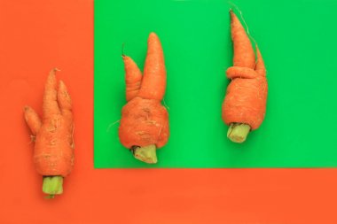 Çirkin yemekler. Yeşil ve turuncu duoton pastel arka plan üzerinde deforme organik havuç.