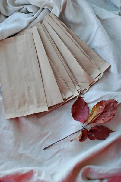 Bolsas de papel Kraft con hojas de otoño sobre fondo de tela de lino vintage . — Foto de Stock