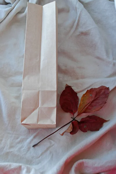 Bolsas de papel Kraft con hojas de otoño sobre fondo de tela de lino vintage . — Foto de Stock