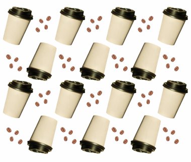 Kahve fasulye ile gitmek, fotoğraf yapılmış düzenli desen. Siyah kapaklı Kraft kağıt bardaklar. Yaşam tarzı kavramı.