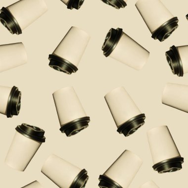 Kahve gitmek, fotoğraf yapılmış sorunsuz desen. Siyah kapaklı Kraft kağıt bardaklar. Yaşam tarzı kavramı.