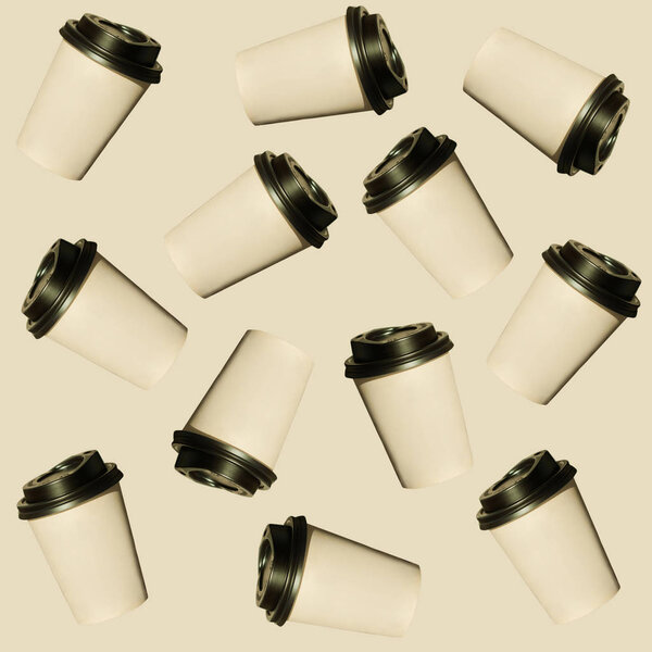 Coffee to go, regular pattern made of photography. Kraft paper cups with black lids. Lifestyle concept.