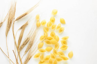 Beyaz arka planda makarna ve buğday dikenleri. İtalyan yemek tarifleri. Sağlıklı beslenme, sonbahar hasadı, ekmek pişirme. Üst görünüm, flatlay, kopyalama alanı.