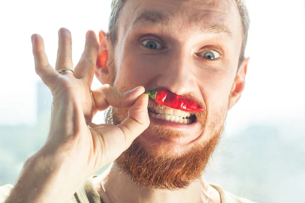 Красивий бородатий чоловік кусає червоний гарячий перець чилі і посміхається . — стокове фото
